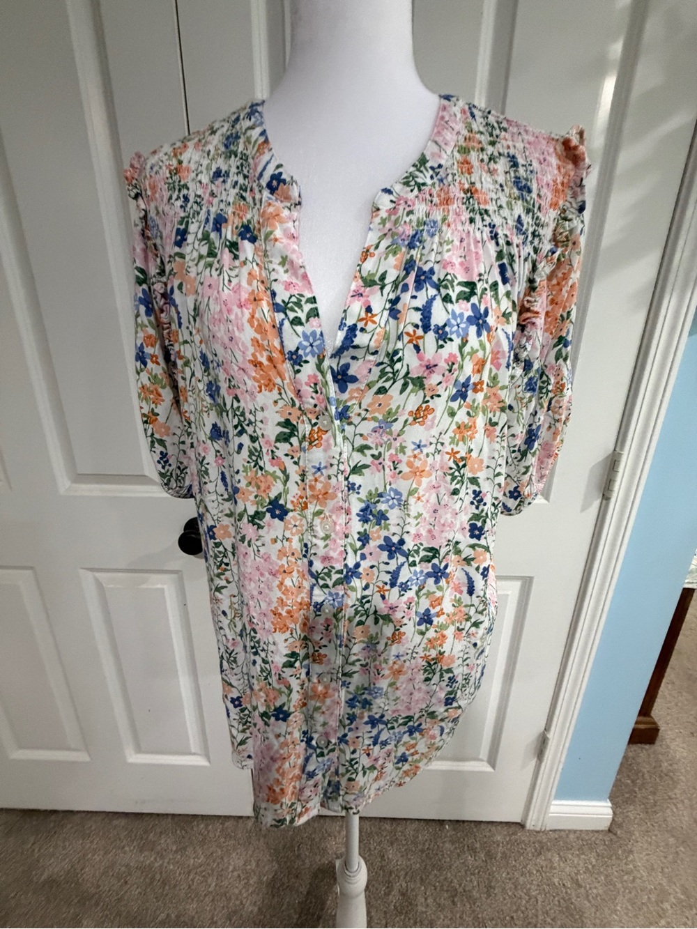 Tommy Hilfiger Floral Button-Front Blouse — Pink, Blue & Orange Bouquet